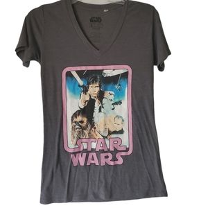 Star Wars Retro Hans Solo Chewbacca OBI-Wan V neck Gray and Pink T shirt
